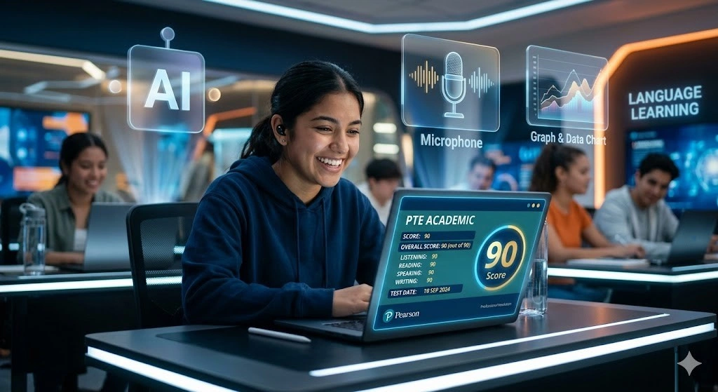 Student using AI-powered PTE preparation tools with a high target score visible