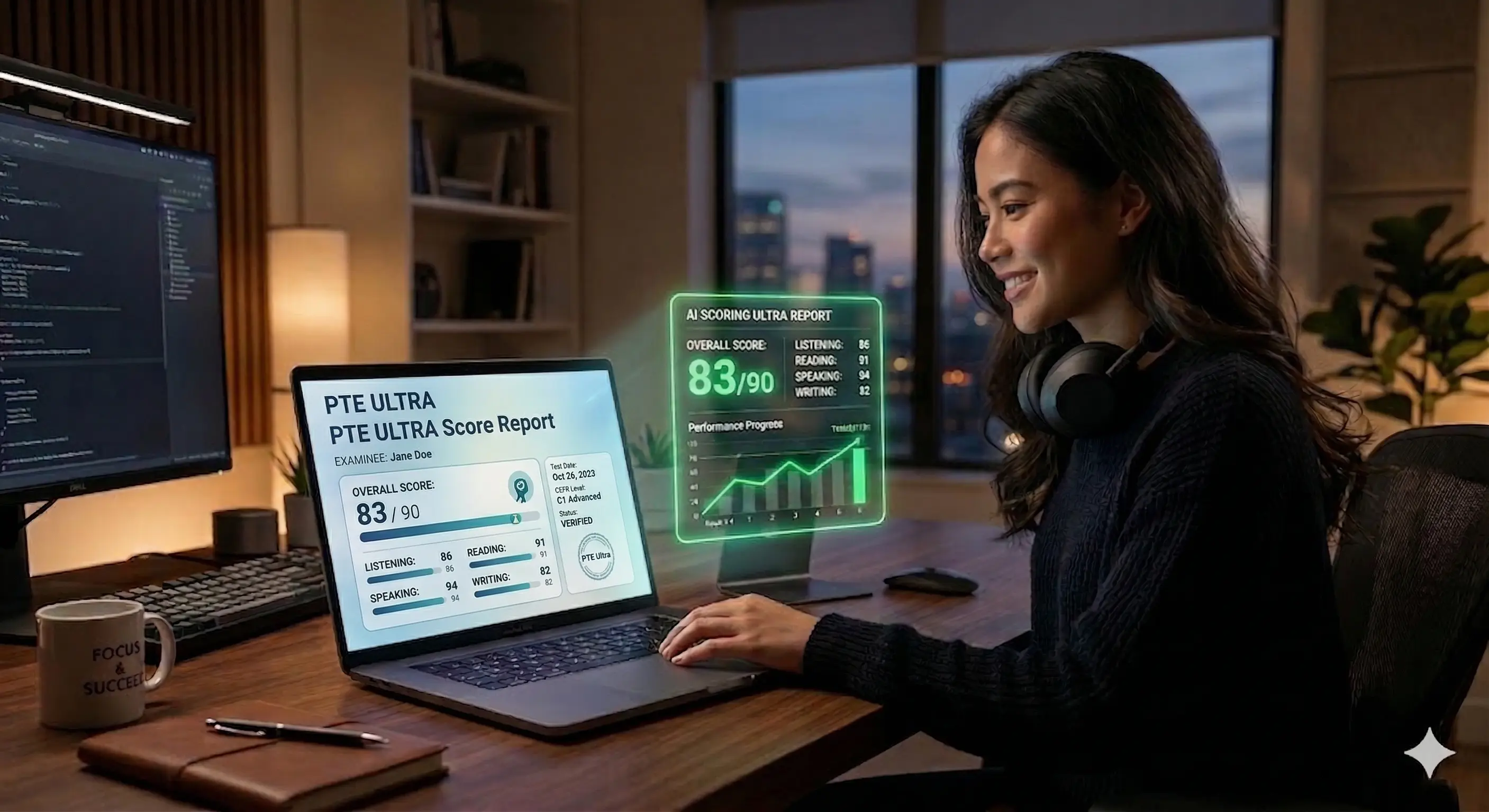 Student preparing for PTE Academic with an AI-scored 90 result on screen