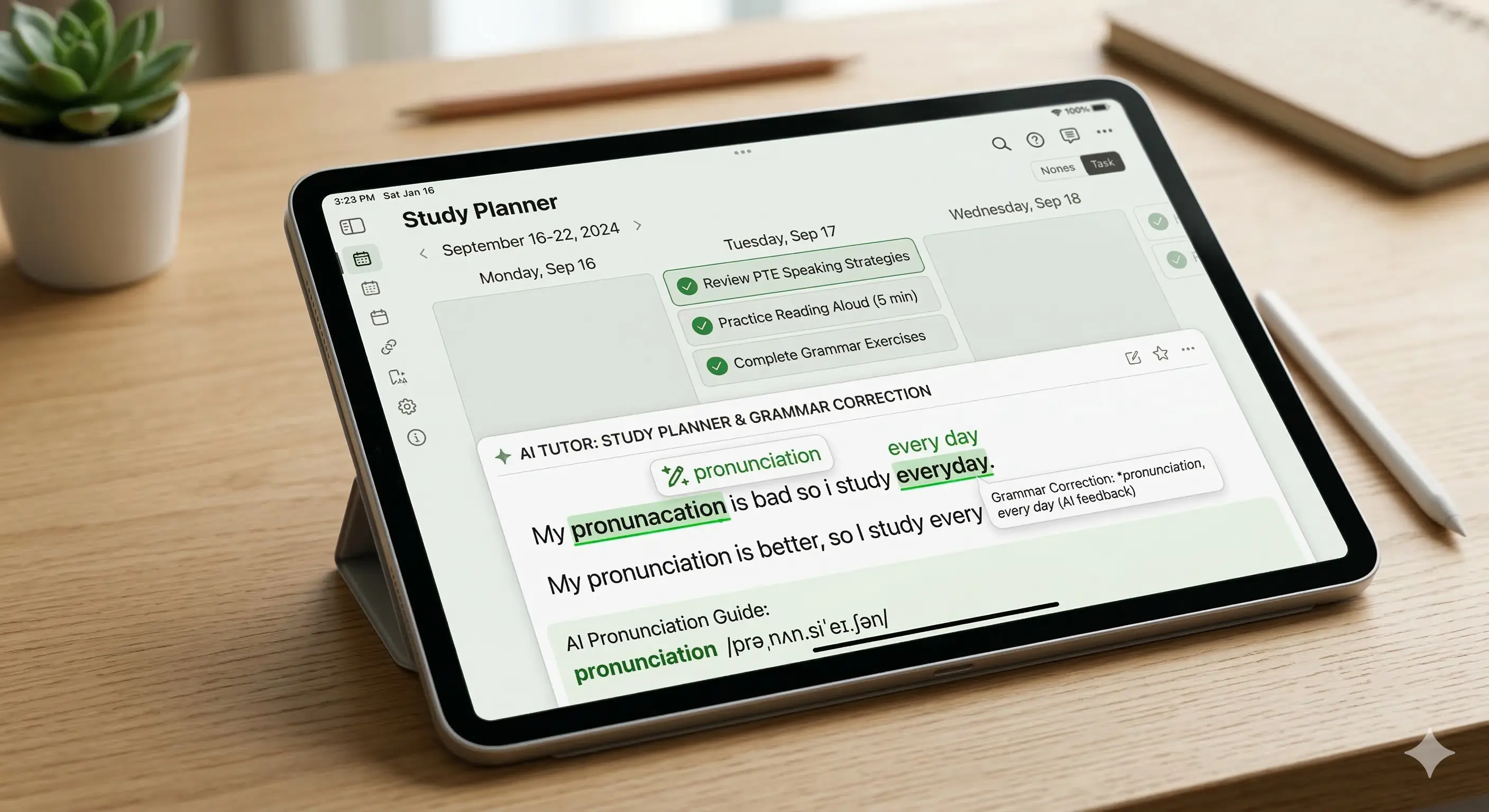 Tablet view of the PTE Ultra study planner and AI correction tools