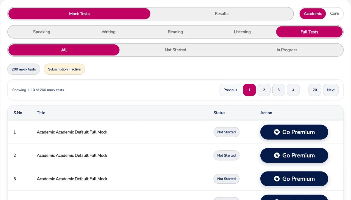 Actual Academic mock library showing Full Tests selected and 200 mock tests