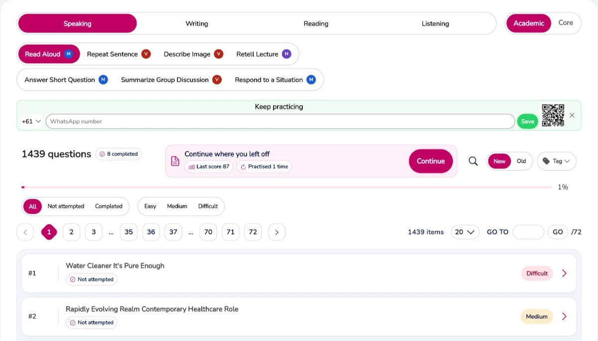 Actual PTE Ultra Academic Practice library with skill tabs, task types and completion filters